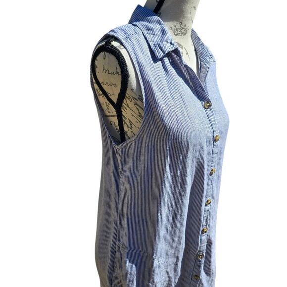 Tahari Striped Sleeveless Shirt Dress 100% Linen Pockets Blue White Medium - Picture 4 of 9